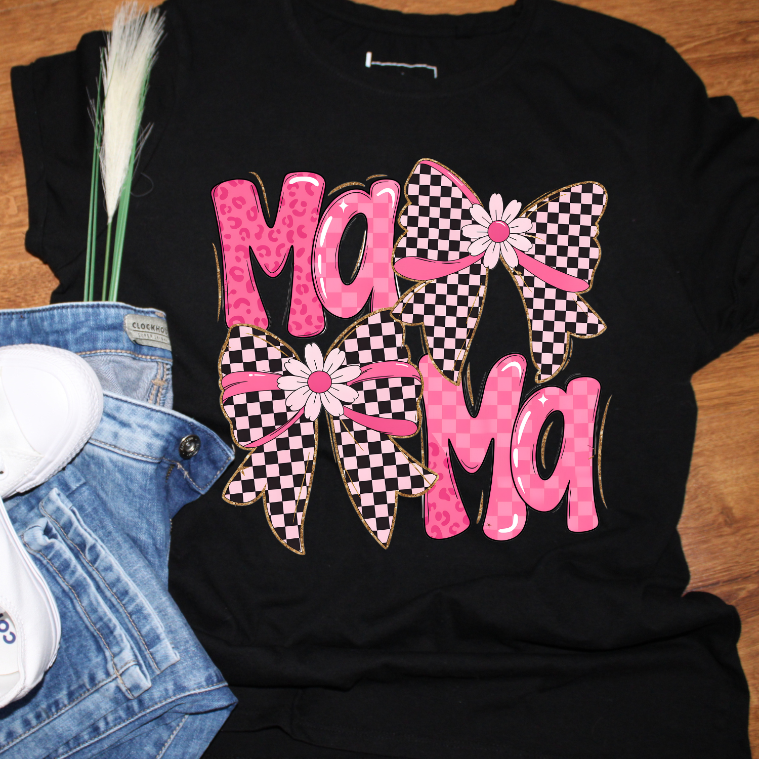 MaMa Pink Checkered Bow T-Shirt