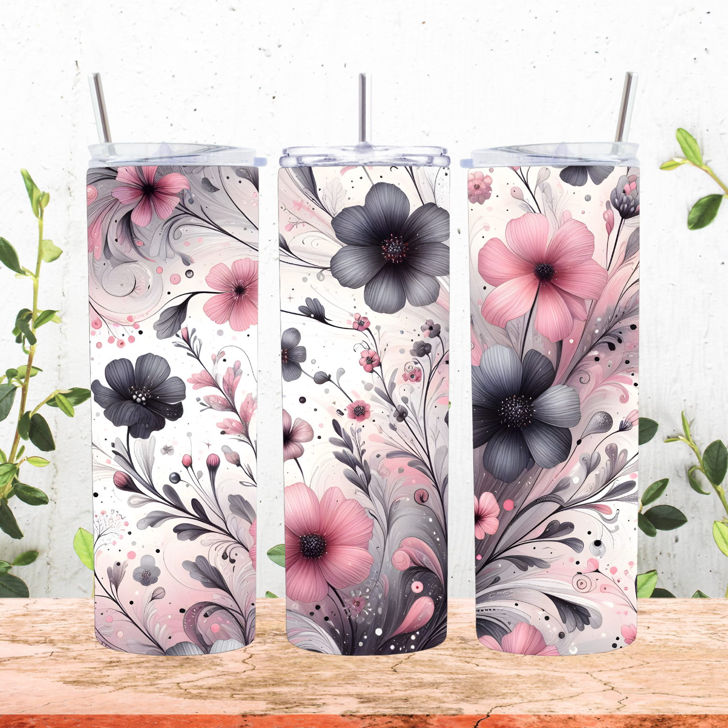 Whimsical Pink and Black Flower Tumbler