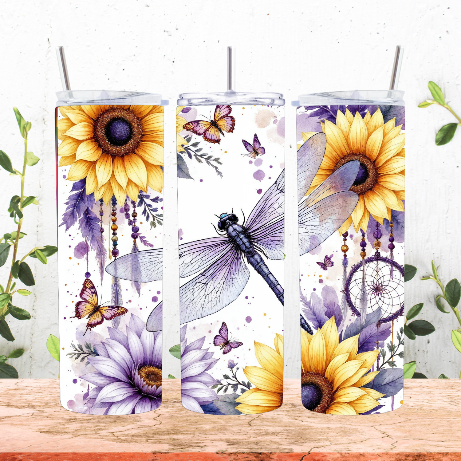 Purple Sunflower Dragonfly Tumbler